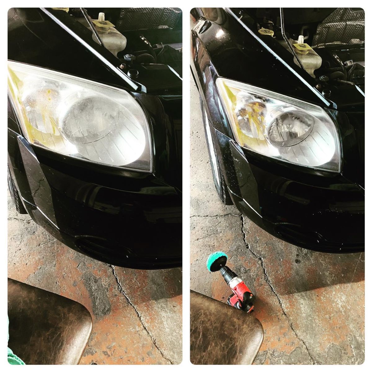 Before and after headlight restoration comparison showing cloudy headlight cleared with polishing tool