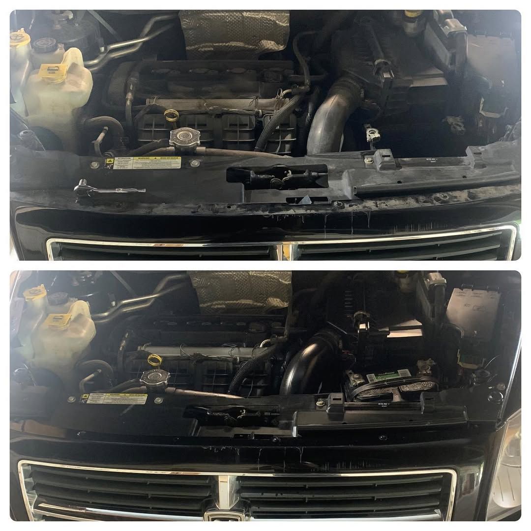Open engine bay showing motor, hoses, and components before and after cleaning