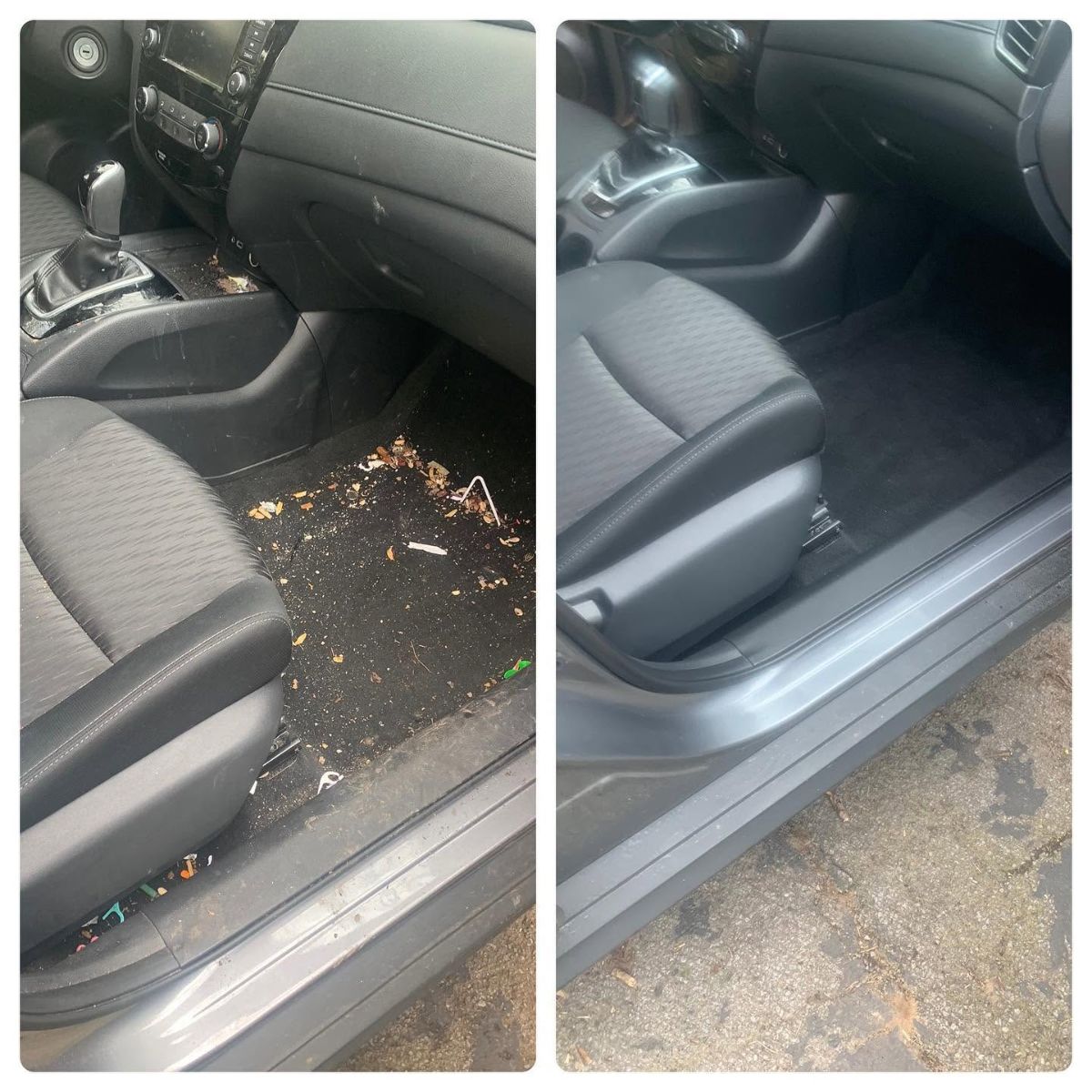 Before and after car interior cleaning showing debris removal from passenger floor