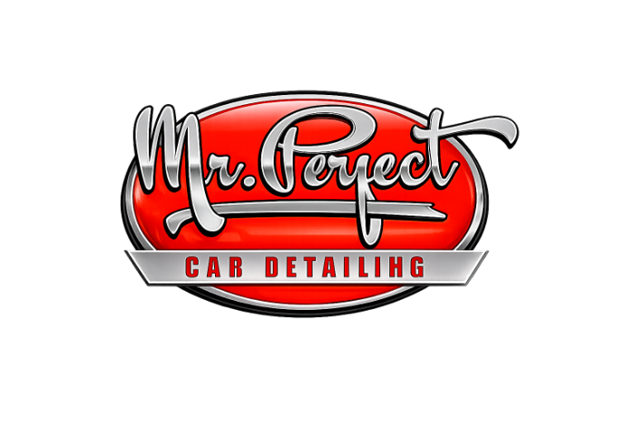 Mr. Perfect Car Detailing logo in red and silver with script lettering