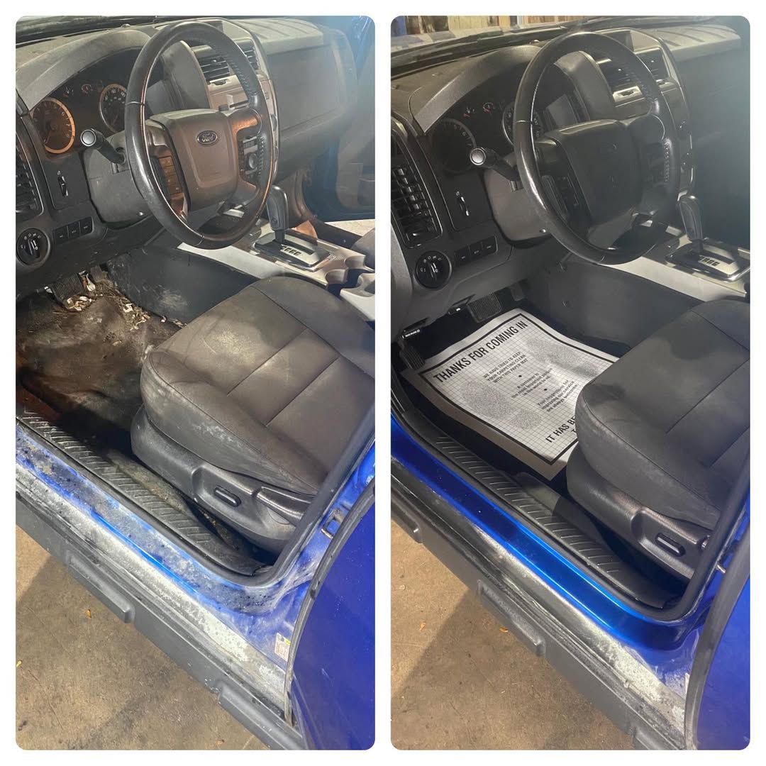 Before and after car interior detailing showing dirty vs clean leather seats